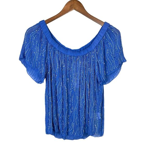 Parker NWT Royal Blue Beaded Embellished Off the Shoulder Sheer Top - Picture 11 of 16